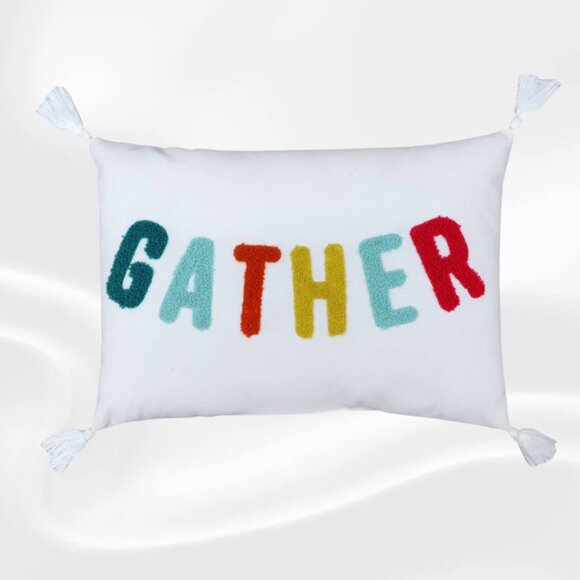 Gather Throw Pillow – White with Multicolor Letters & Tassels - Picture 1 of 3